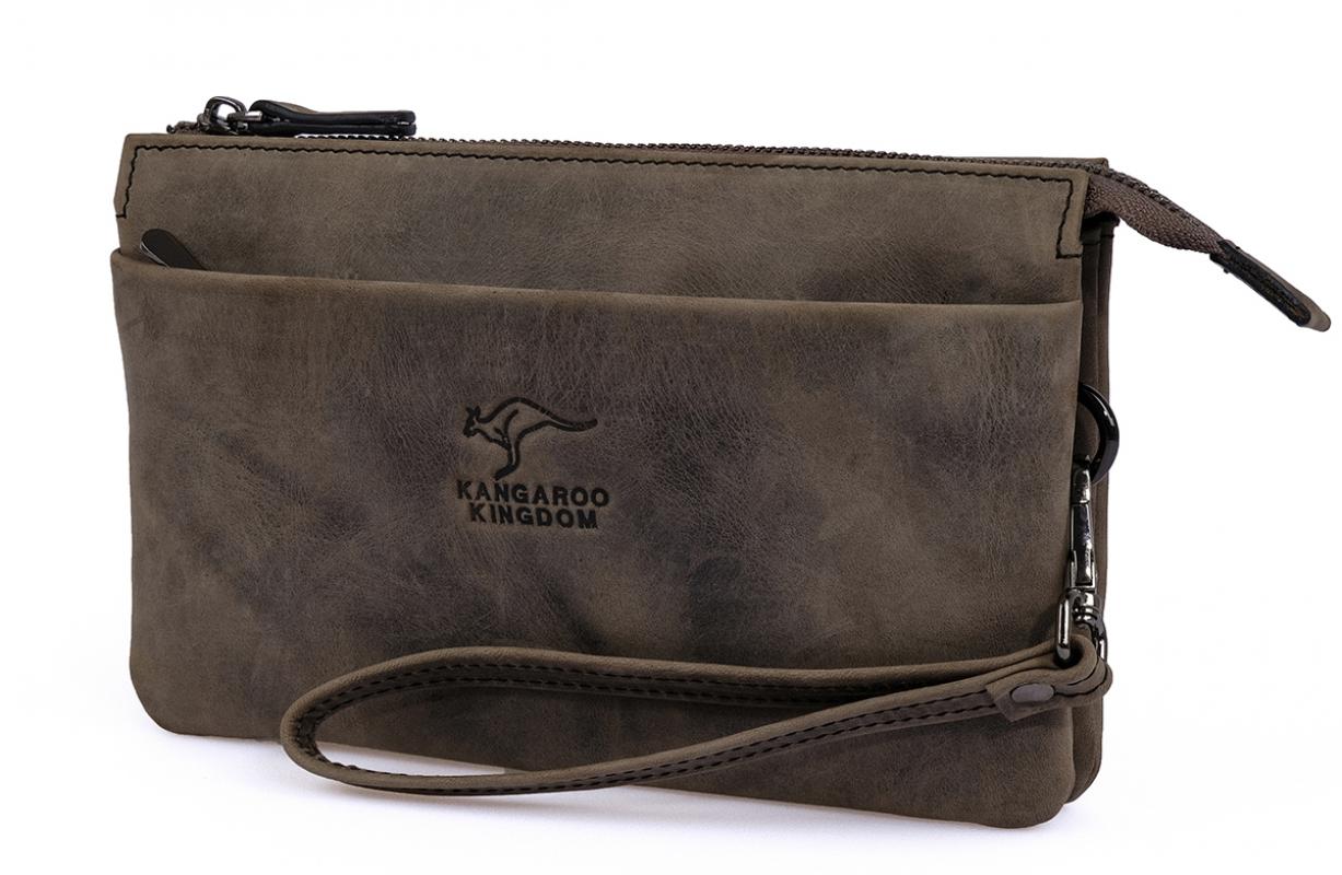 KANGAROO KINGDOM Hakiki Dana Deri Crazy Horse Gri Erkek El Portföy Clutch Çantası 5488-ZG