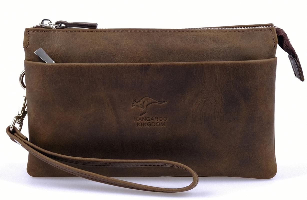 KANGAROO KINGDOM Hakiki Dana Deri Crazy Horse Açık Taba Erkek El Portföy Clutch Çantası 5488-ZAT