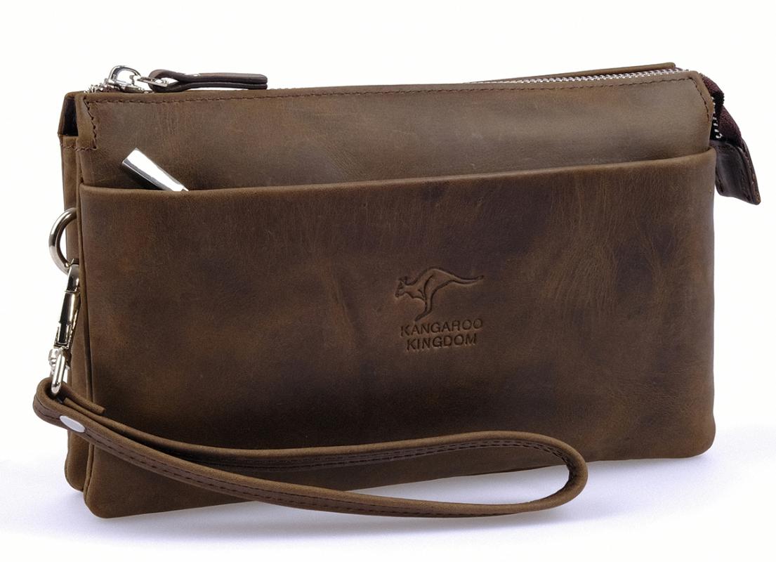 KANGAROO KINGDOM Hakiki Dana Deri Crazy Horse Koyu Camel Erkek El Portföy Clutch Çantası 5488-ZKC