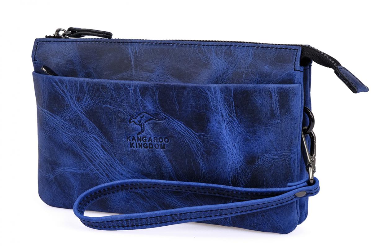 KANGAROO KINGDOM Hakiki Dana Deri Crazy Horse Mavi Unisex El Portföy Clutch Çantası 5488-ZM