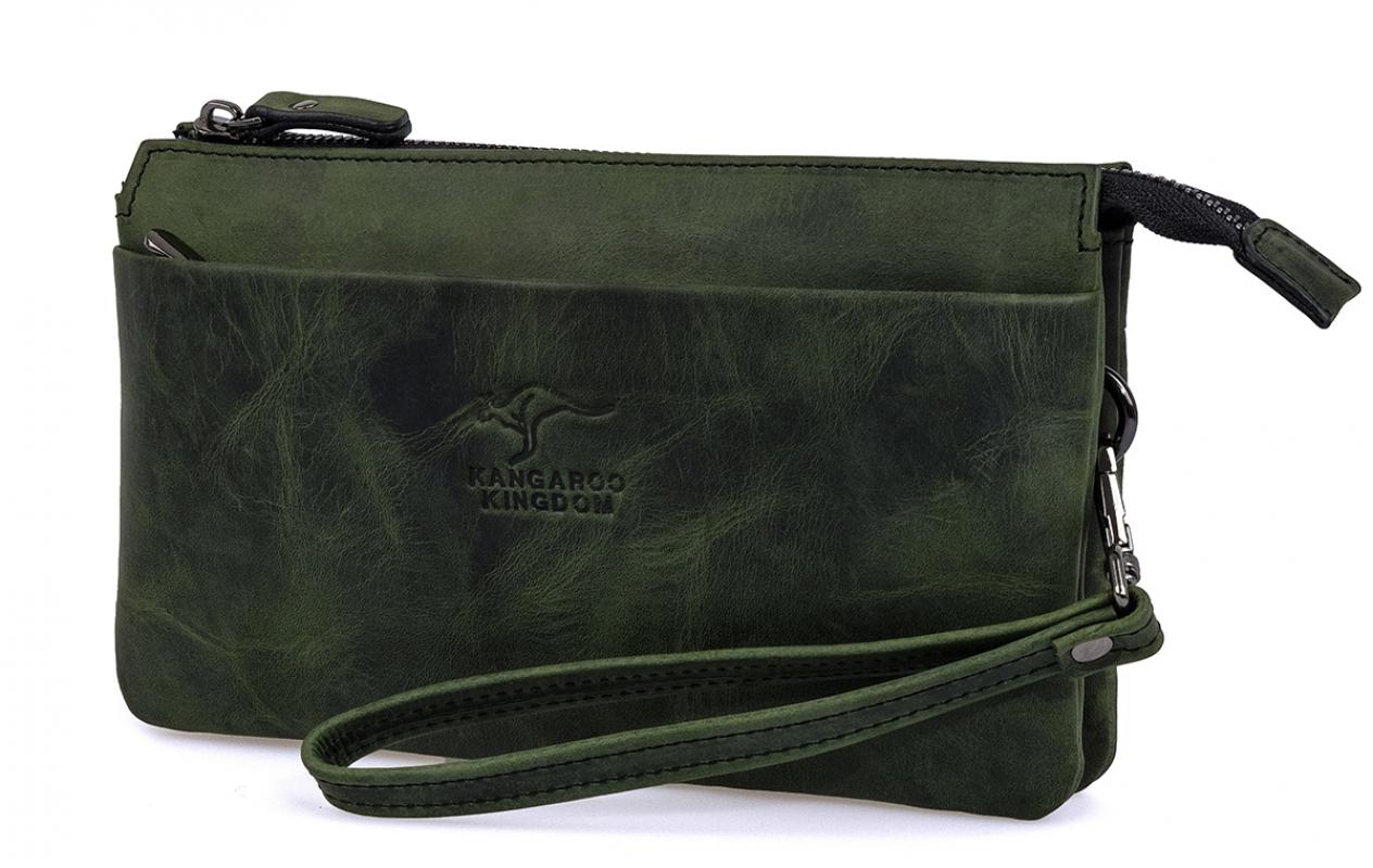 KANGAROO KINGDOM Hakiki Dana Deri Crazy Horse Yeşil Erkek El Portföy Clutch Çantası 5488-ZY