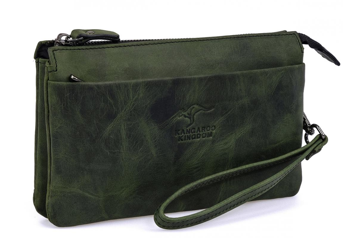 KANGAROO KINGDOM Hakiki Dana Deri Crazy Horse Yeşil Erkek El Portföy Clutch Çantası 5488-ZY