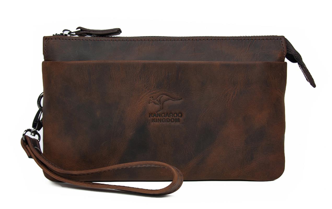 KANGAROO KINGDOM Hakiki Dana Deri Crazy Horse Koyu Camel Erkek El Portföy Clutch Çantası 5488-ZKC