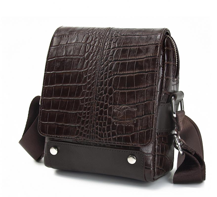 KANGAROO KINGDOM Hakiki Dana Deri Kroko Koyu Kahverengi Erkek Postacı Çantası 7655-CK