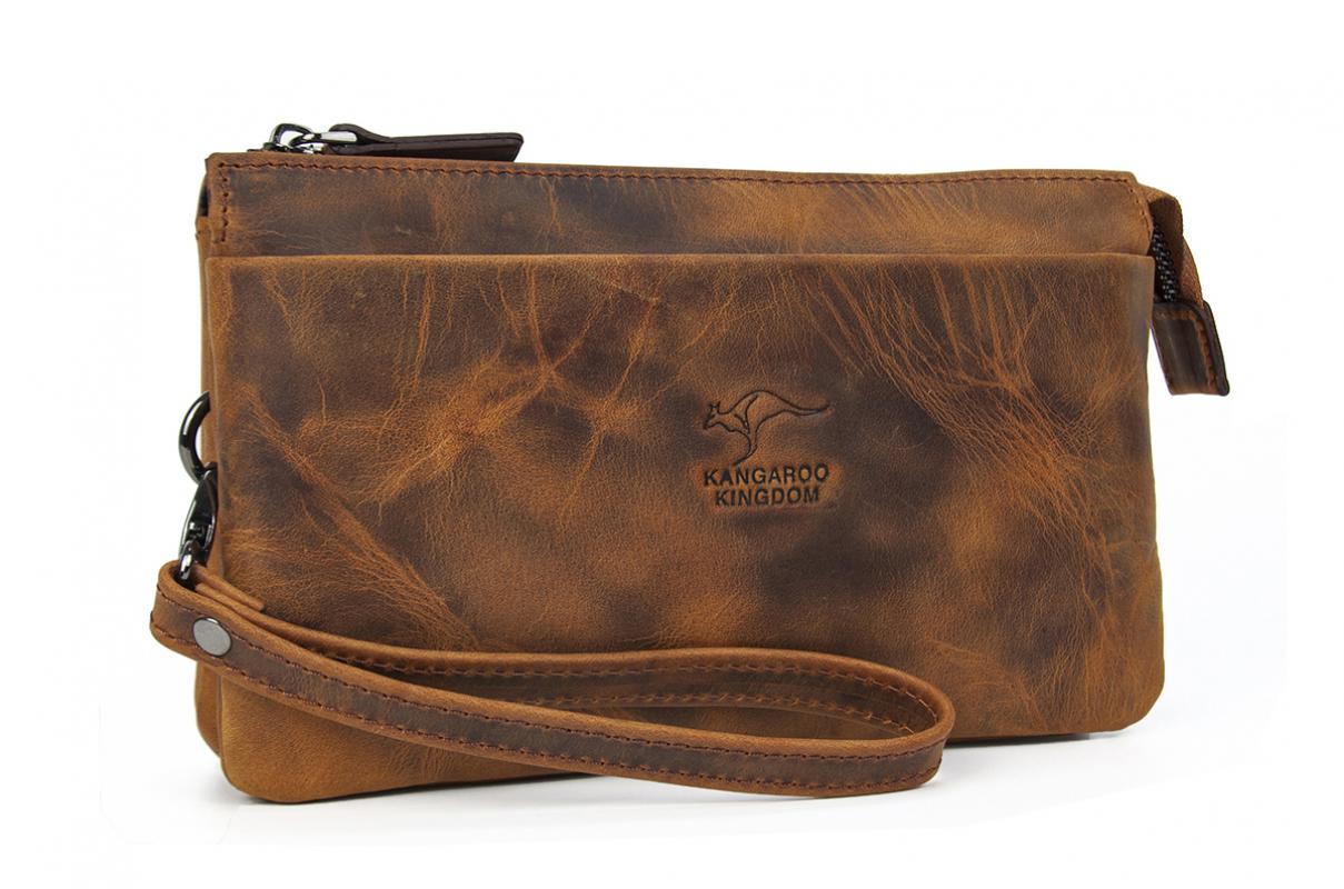 KANGAROO KINGDOM Hakiki Dana Deri Crazy Horse Açık Taba Erkek El Portföy Clutch Çantası 5488-ZAT