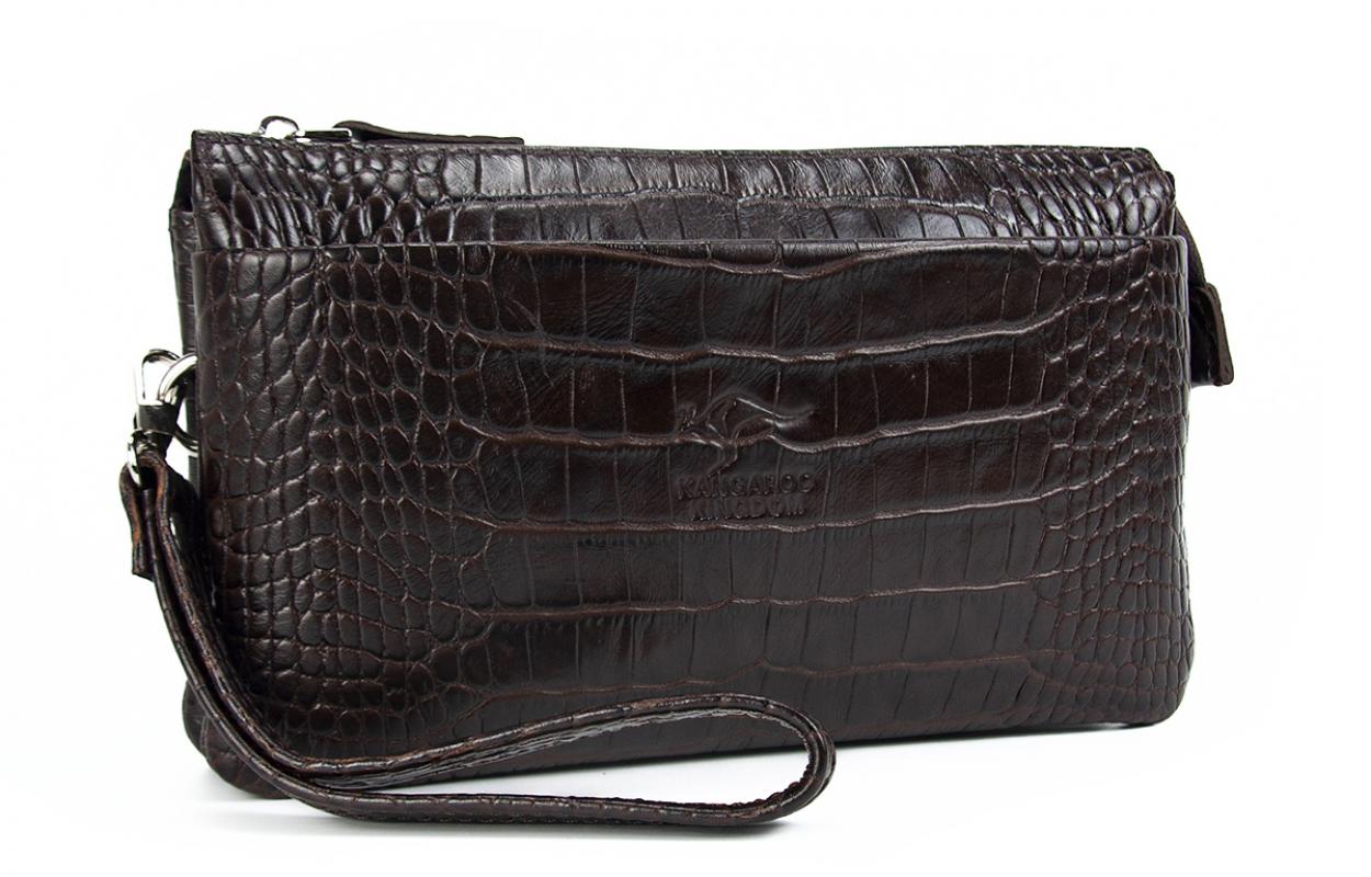 KANGAROO KINGDOM Hakiki Dana Deri Kroko Koyu Kahverengi Erkek El Portföy Clutch Çantası 5488-CK