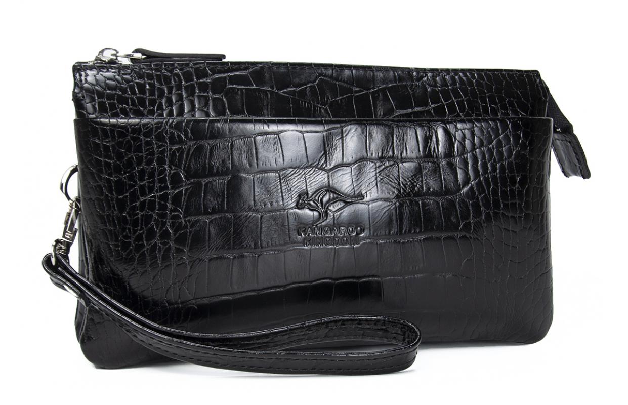 KANGAROO%20KINGDOM%20Hakiki%20Dana%20Deri%20Kroko%20Siyah%20Erkek%20El%20Portföy%20Clutch%20Çantası%205488-CS
