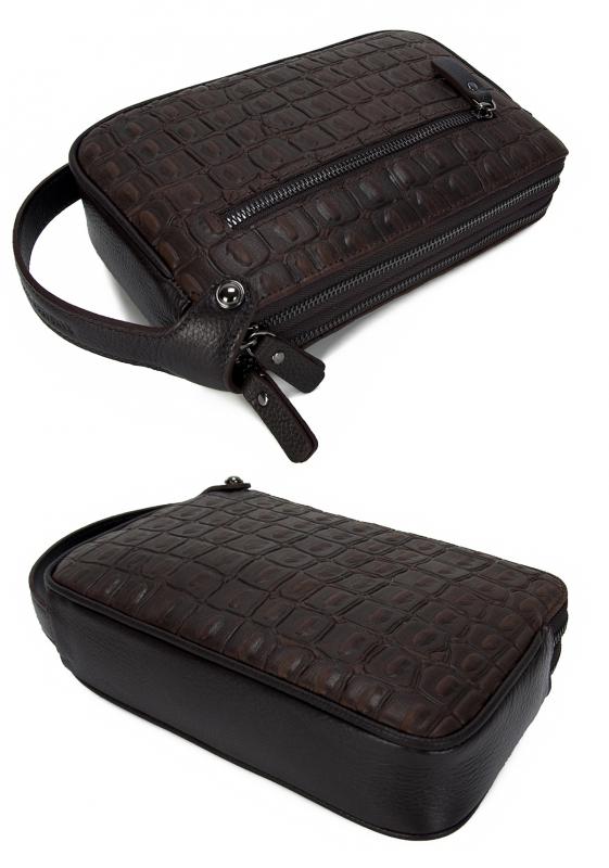 KANGAROO KINGDOM Hakiki Dana Deri Aligator Koyu Kahverengi Erkek Portföy & Clutch El Çantası 1285-BCK