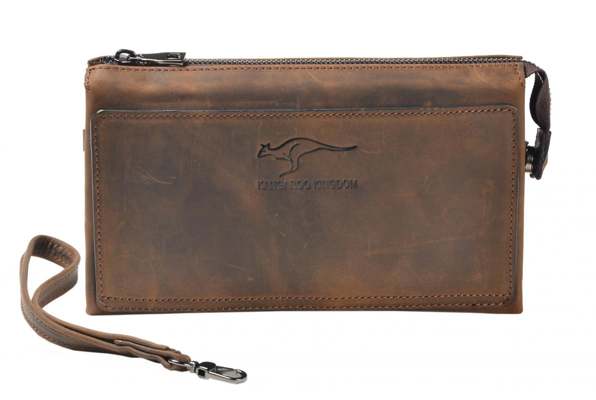 KANGAROO KINGDOM Hakiki Dana Deri Crazy Horse Koyu Camel Erkek Portföy & Clutch El Çantası 8822-ZKC
