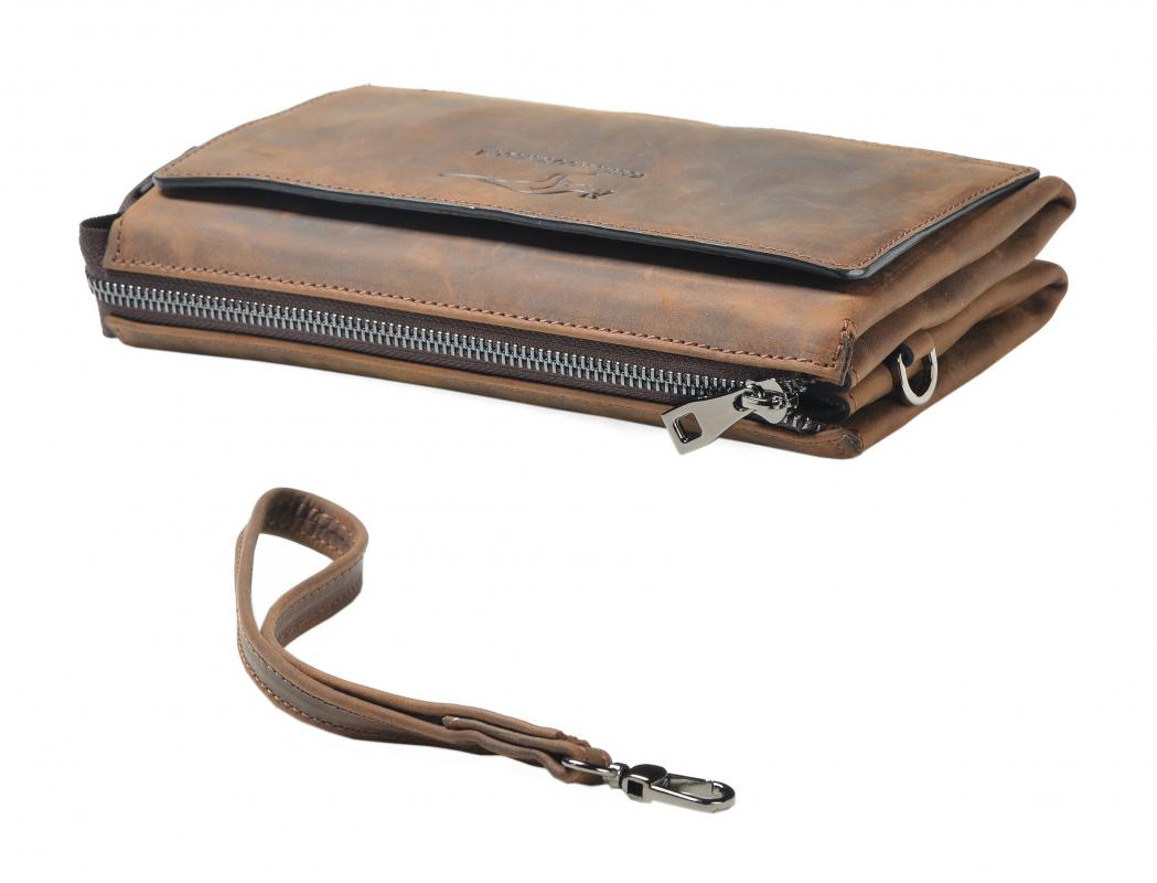 KANGAROO KINGDOM Hakiki Dana Deri Crazy Horse Koyu Camel Erkek Portföy & Clutch El Çantası 8822-ZKC