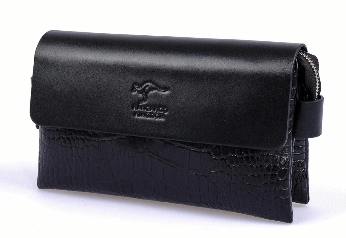 KANGAROO KINGDOM Hakiki Dana Deri Napa & Kroko Siyah Erkek Portföy & Clutch El Çantası 9288-FCS
