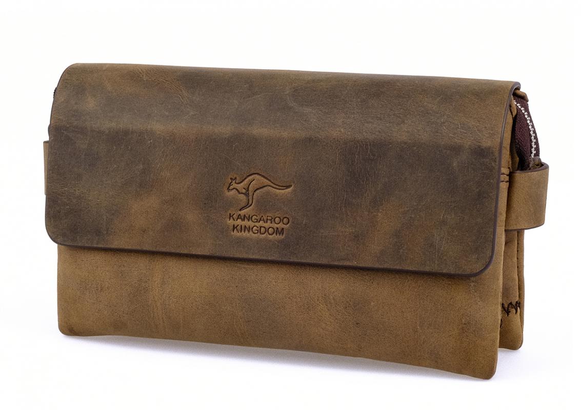 KANGAROO KINGDOM Hakiki Dana Deri Crazy Horse Koyu Camel Erkek El Portföy Clutch Çantası 9288-ZKC