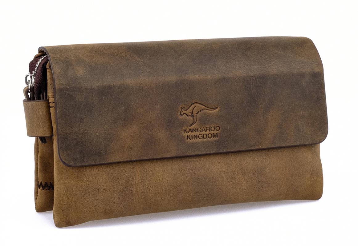 KANGAROO KINGDOM Hakiki Dana Deri Crazy Horse Koyu Camel Erkek El Portföy Clutch Çantası 9288-ZKC