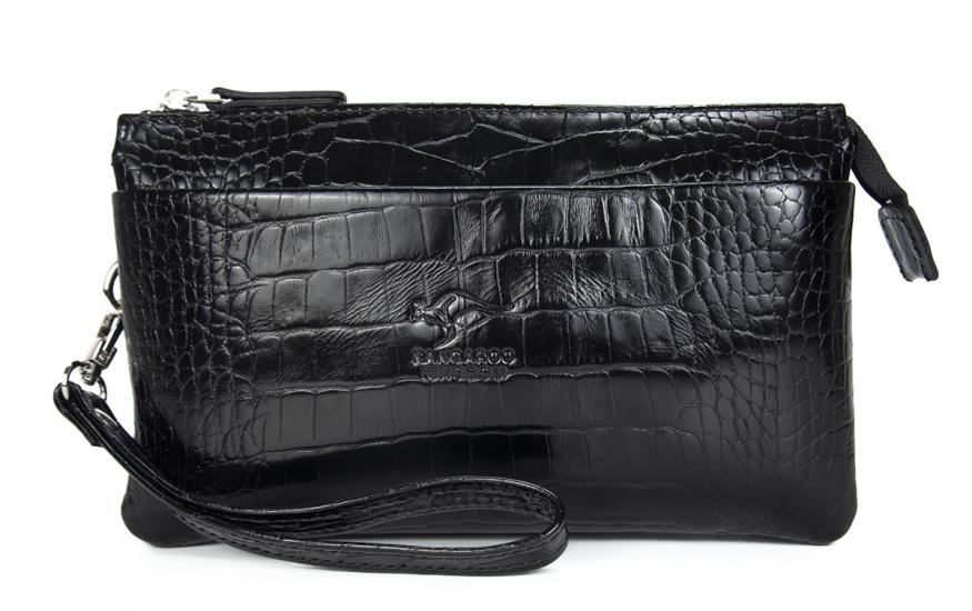 KANGAROO KINGDOM Hakiki Deri Kroko Siyah Erkek El Portföy Clutch Çantası 5488-CS
