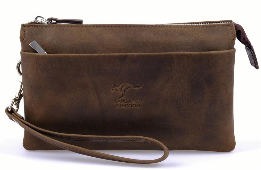 KANGAROO KINGDOM Hakiki Dana Deri Crazy Horse Dana Koyu Camel Erkek El Portföy Clutch Çantası 5488-ZKC