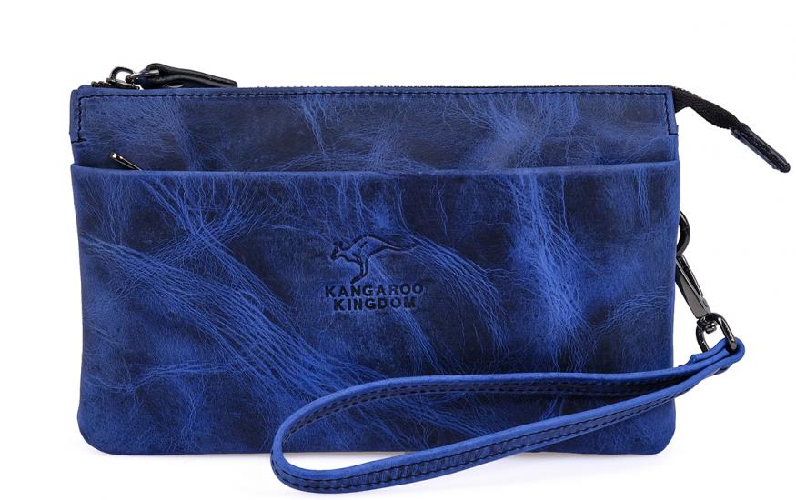 KANGAROO KINGDOM Hakiki Dana Deri Crazy Horse Mavi Unisex El Portföy Clutch Çantası 5488-ZM