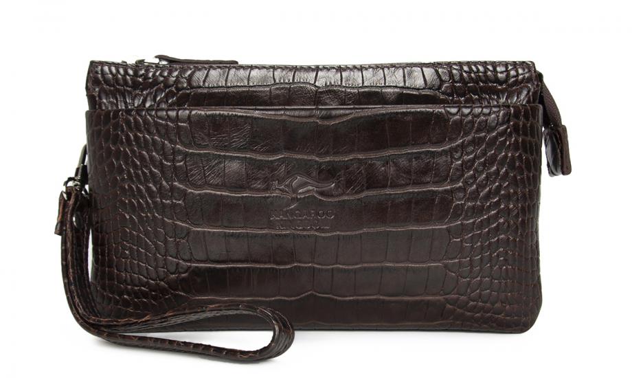 KANGAROO KINGDOM Hakiki Deri Kroko Koyu Kahverengi Erkek El Portföy Clutch Çantası 5488-CK