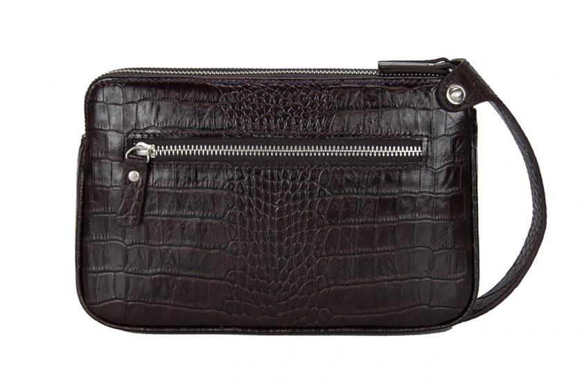 KANGAROO KINGDOM Hakiki Deri Kroko Koyu Kahverengi Erkek Portföy & Clutch El Çantası 1285-CK