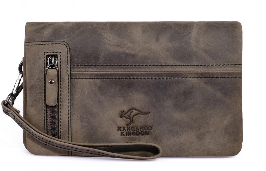 KANGAROO KINGDOM Hakiki Deri Crazy Horse Gri Erkek Portföy & Clutch El Çantası 7477-ZG