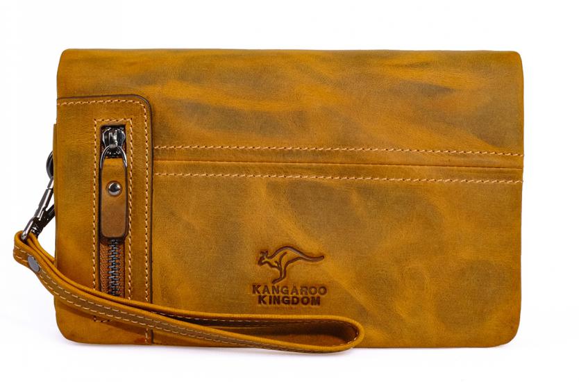 KANGAROO KINGDOM Hakiki Deri Crazy Horse Hardal Erkek Portföy & Clutch El Çantası 7477-ZH