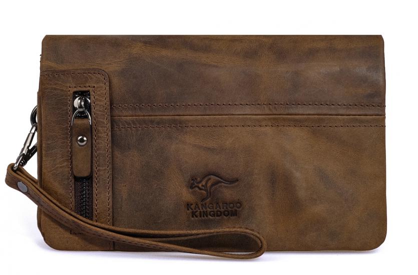 KANGAROO KINGDOM Hakiki Deri Crazy Horse Koyu Camel Erkek Portföy & Clutch El Çantası 7477-ZKC