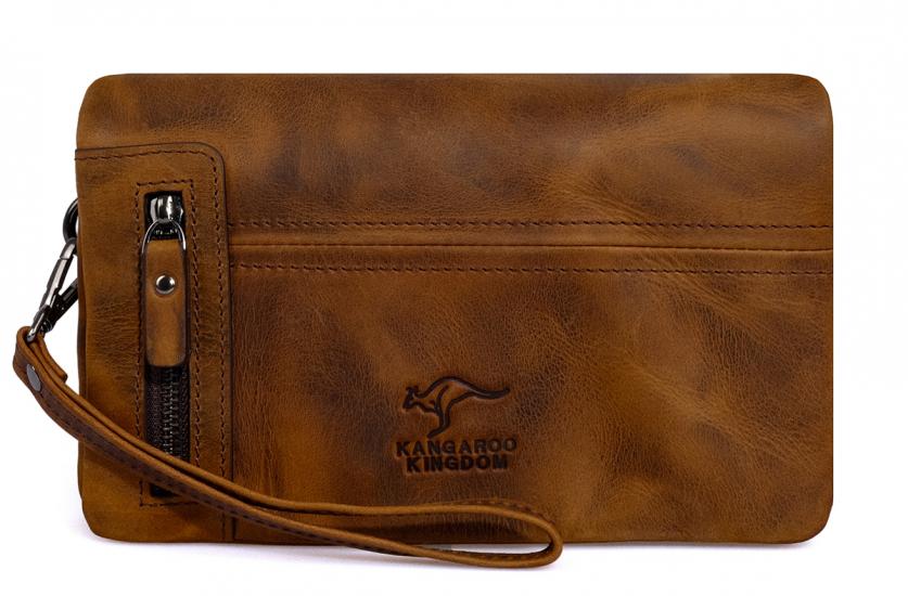 KANGAROO KINGDOM Hakiki Deri Crazy Horse Koyu Taba Erkek Portföy & Clutch El Çantası 7477-ZKT