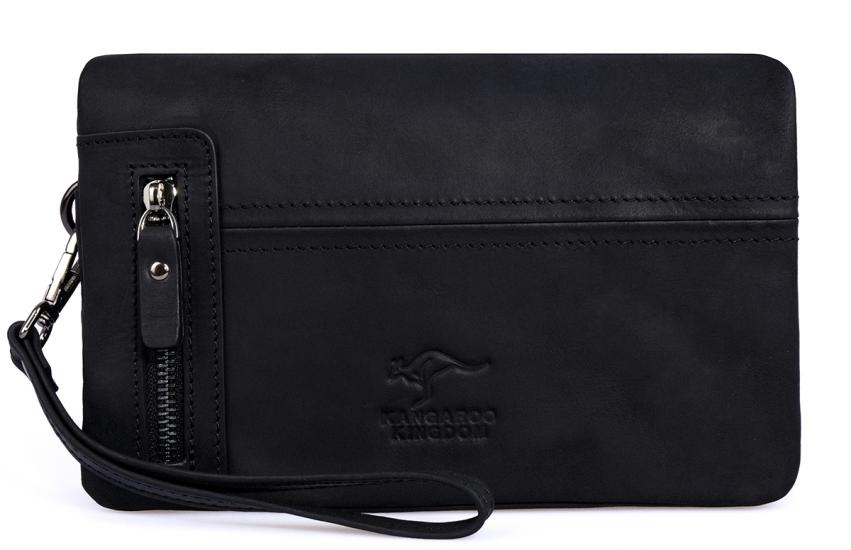KANGAROO KINGDOM Hakiki Deri Crazy Horse Siyah Erkek Portföy & Clutch El Çantası 7477-ZS