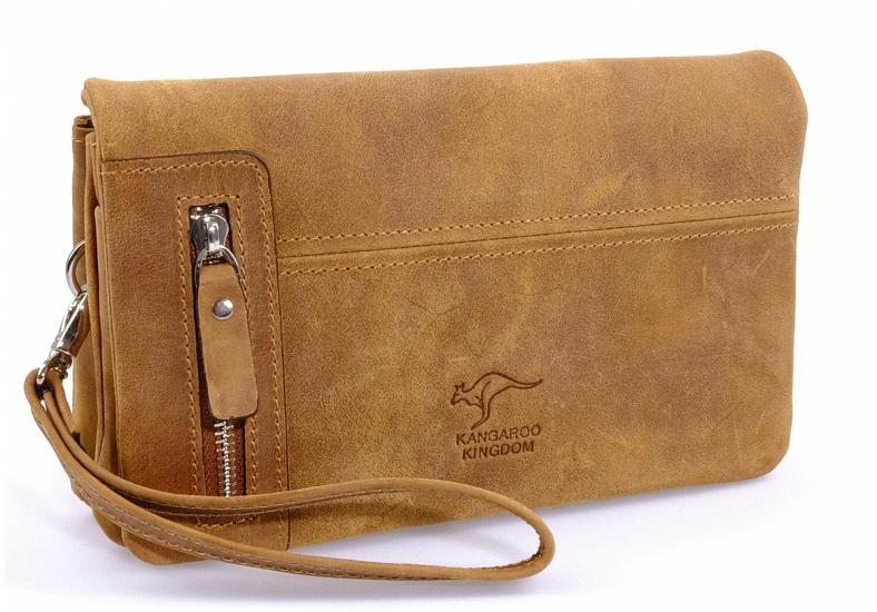 KANGAROO KINGDOM Hakiki Deri Crazy Horse Açık Taba Erkek Portföy & Clutch El Çantası 7477-ZAT