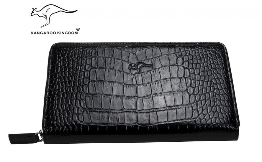 KANGAROO KINGDOM Hakiki Deri Kroko Siyah Erkek Portföy & Clutch El Çantası 9979-CS