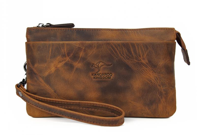 KANGAROO KINGDOM Hakiki Deri Crazy Horse Açık Taba Erkek El Portföy Clutch Çantası 5488-ZAT