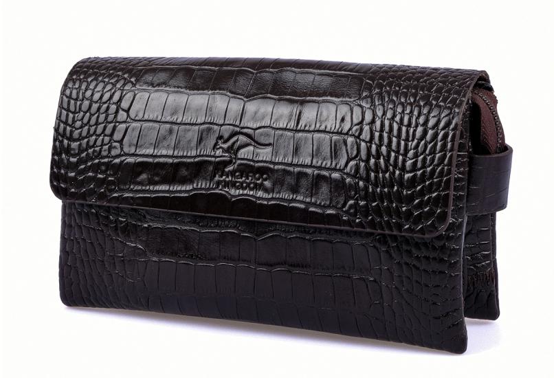 KANGAROO KINGDOM Hakiki Deri Kroko Kahverengi Erkek Portföy & Clutch El Çantası 9288-CK