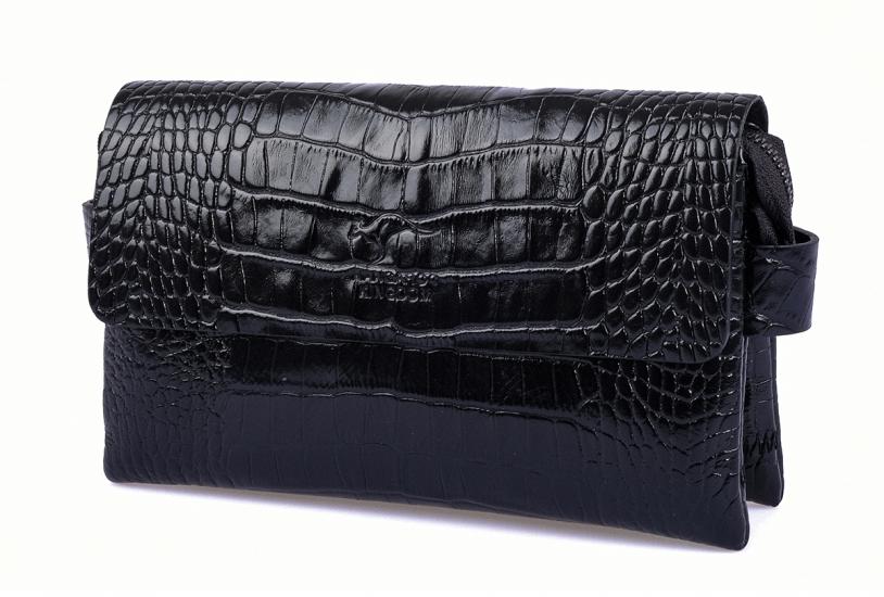 KANGAROO KINGDOM Hakiki Deri Kroko Siyah Erkek Portföy & Clutch El Çantası 9288-CS