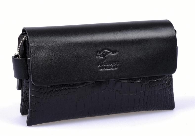 KANGAROO KINGDOM Hakiki Deri Napa & Kroko Siyah Erkek Portföy & Clutch El Çantası 9288-FCS