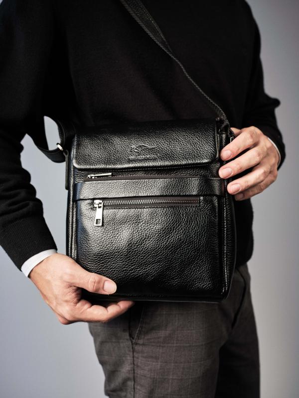 KANGAROO KINGDOM Hakiki Dana Deri Siyah Erkek Postacı Çantası 1368-S